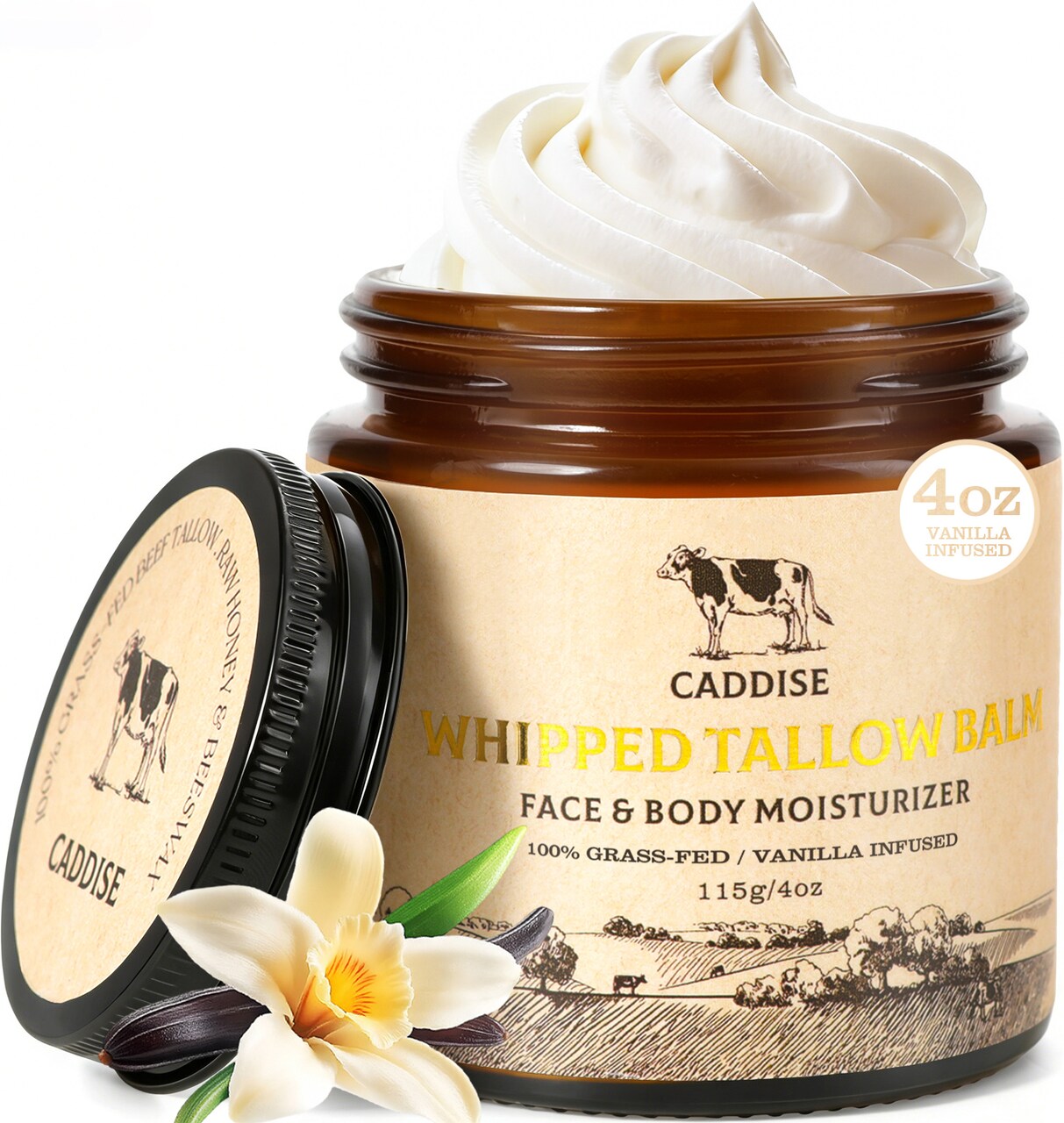 CADDISE Whipped Beef Tallow for Skin – 100% Grass-Fed Handmade Cream Moisturizer for Face & Body, Natural with Honey, Shea Butter, Jojoba Oil, Non-Greasy, Nourishing for Men, Women, Kids, 4 Oz
